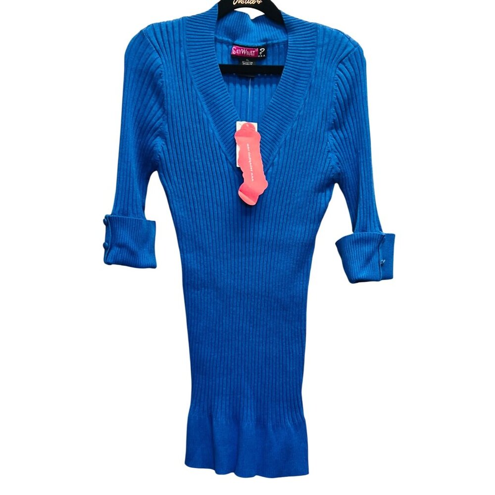 Say What? Womens Blue Ribbed V-Neck Sweater XL 3/4 Sleeves Button detail Cuff
